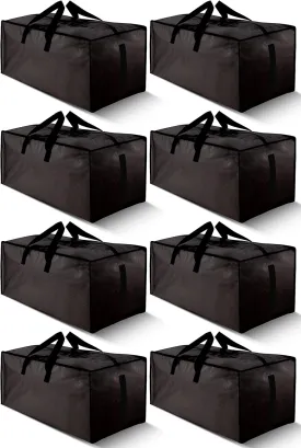 8 Pack Large Strong Bags with Zippers & Carrying Handles - Water-Resistant - Heavy Duty Storage Tote for Space Saving, Fold Flat, Alternative to Moving Box (Black)