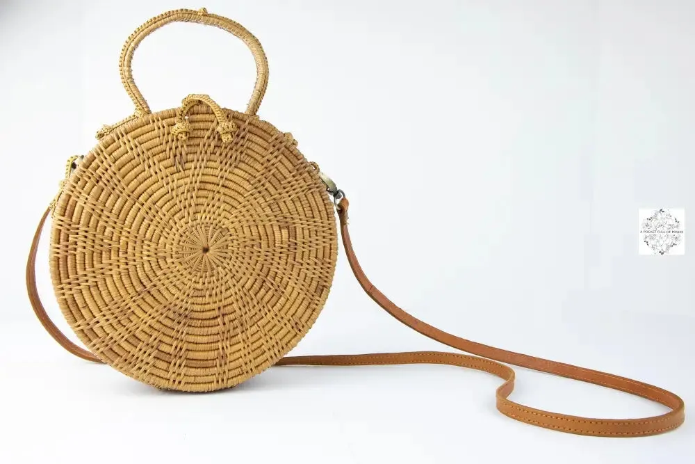 Ata Straw Bag with Woven Handle and Leather Crossbody Strap - Natural Round 8" Rattan Bag, Straw Purse, Boho Wicker, Batik Lining, Bali