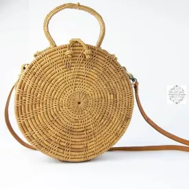 Ata Straw Bag with Woven Handle and Leather Crossbody Strap - Natural Round 8" Rattan Bag, Straw Purse, Boho Wicker, Batik Lining, Bali