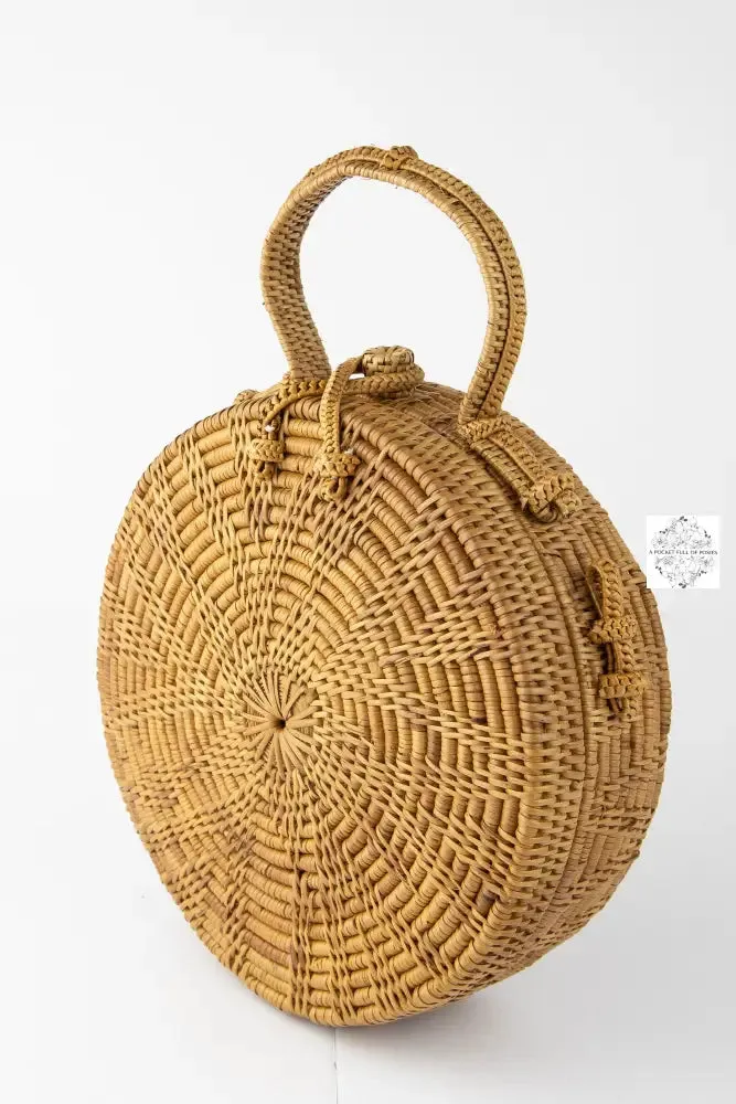 Ata Straw Bag with Woven Handle and Leather Crossbody Strap - Natural Round 8" Rattan Bag, Straw Purse, Boho Wicker, Batik Lining, Bali