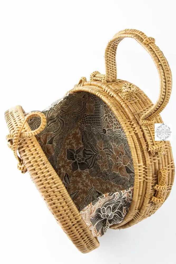Ata Straw Bag with Woven Handle and Leather Crossbody Strap - Natural Round 8" Rattan Bag, Straw Purse, Boho Wicker, Batik Lining, Bali