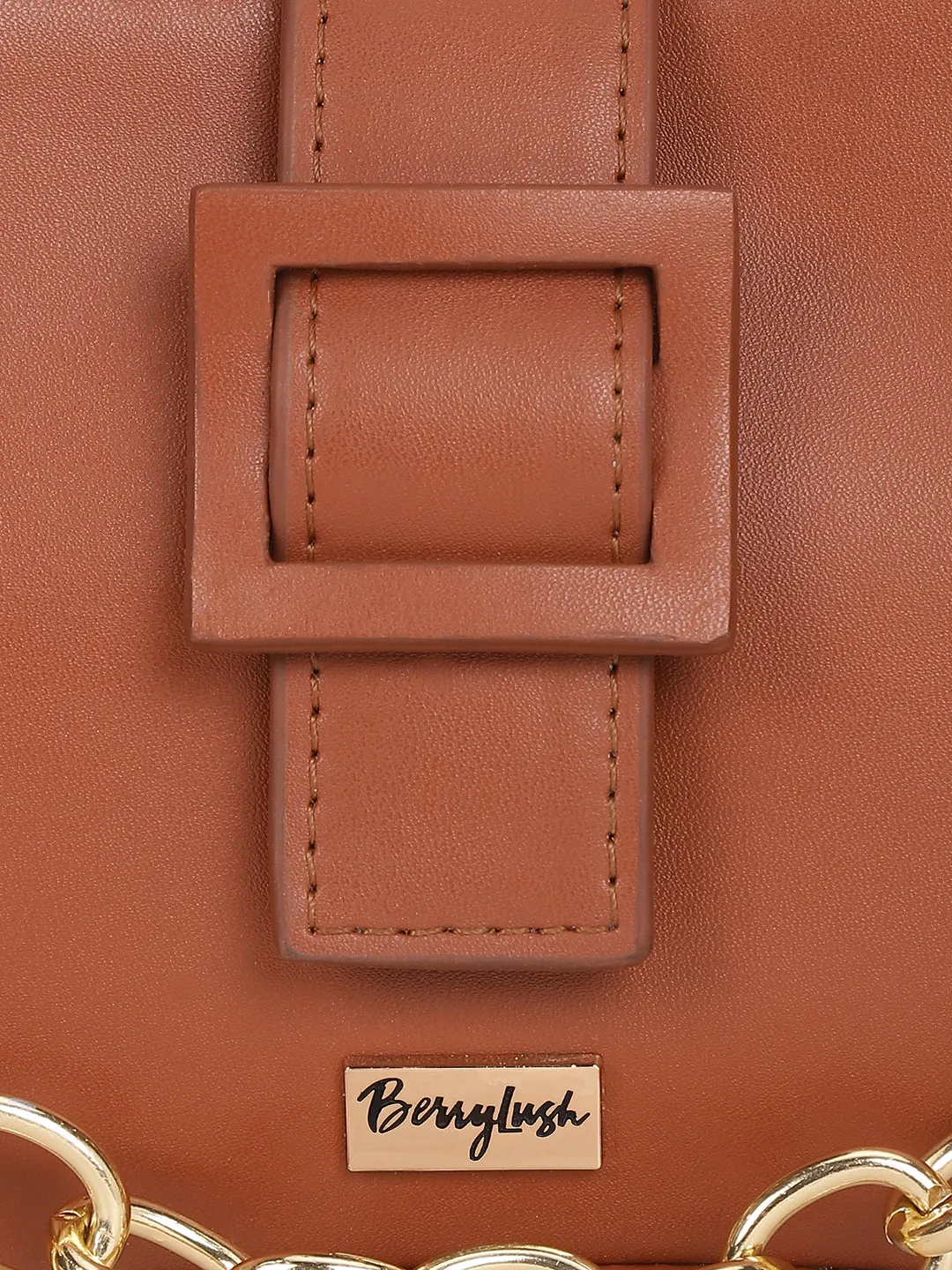 Berrylush Women Solid Brown PU Cut-Work Zipper-Up Structured Regular Shoulder Bag