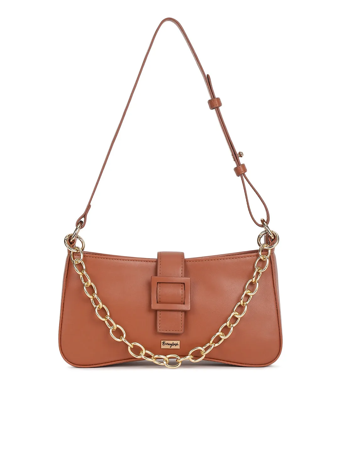 Berrylush Women Solid Brown PU Cut-Work Zipper-Up Structured Regular Shoulder Bag