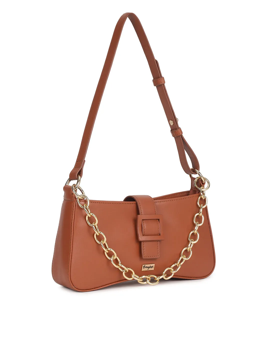 Berrylush Women Solid Brown PU Cut-Work Zipper-Up Structured Regular Shoulder Bag