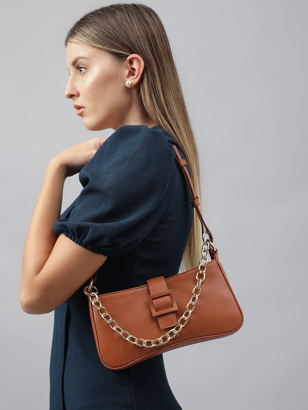 Berrylush Women Solid Brown PU Cut-Work Zipper-Up Structured Regular Shoulder Bag