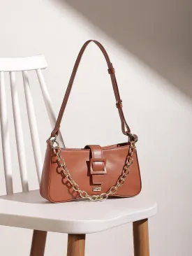 Berrylush Women Solid Brown PU Cut-Work Zipper-Up Structured Regular Shoulder Bag