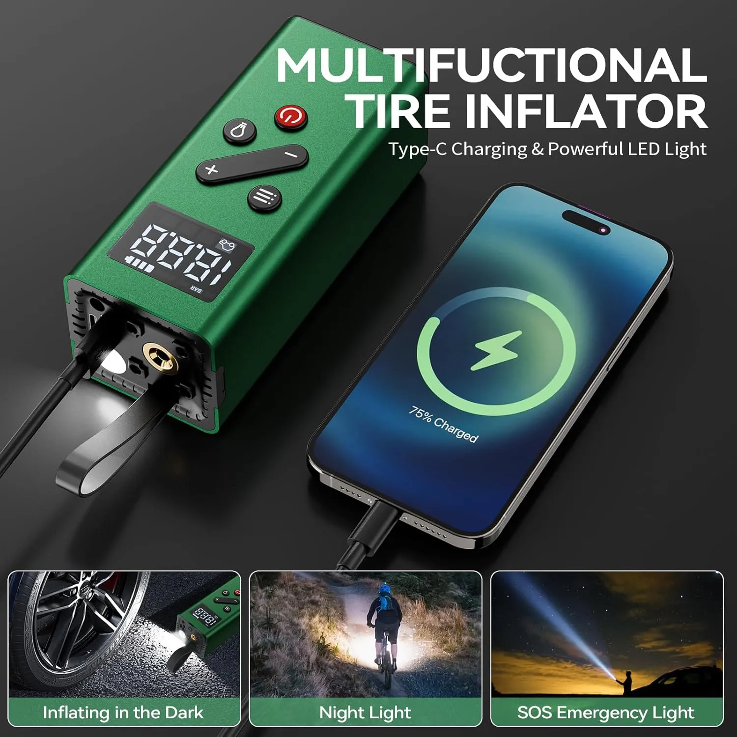 Bicycle Tire Inflator Portable Air Compressor, 150PSI Cordless Air Pump with Digital Pressure Gauge 12V Electric Mini Tire Pump for Car Tires Motorcycle Bike Balls(Green)