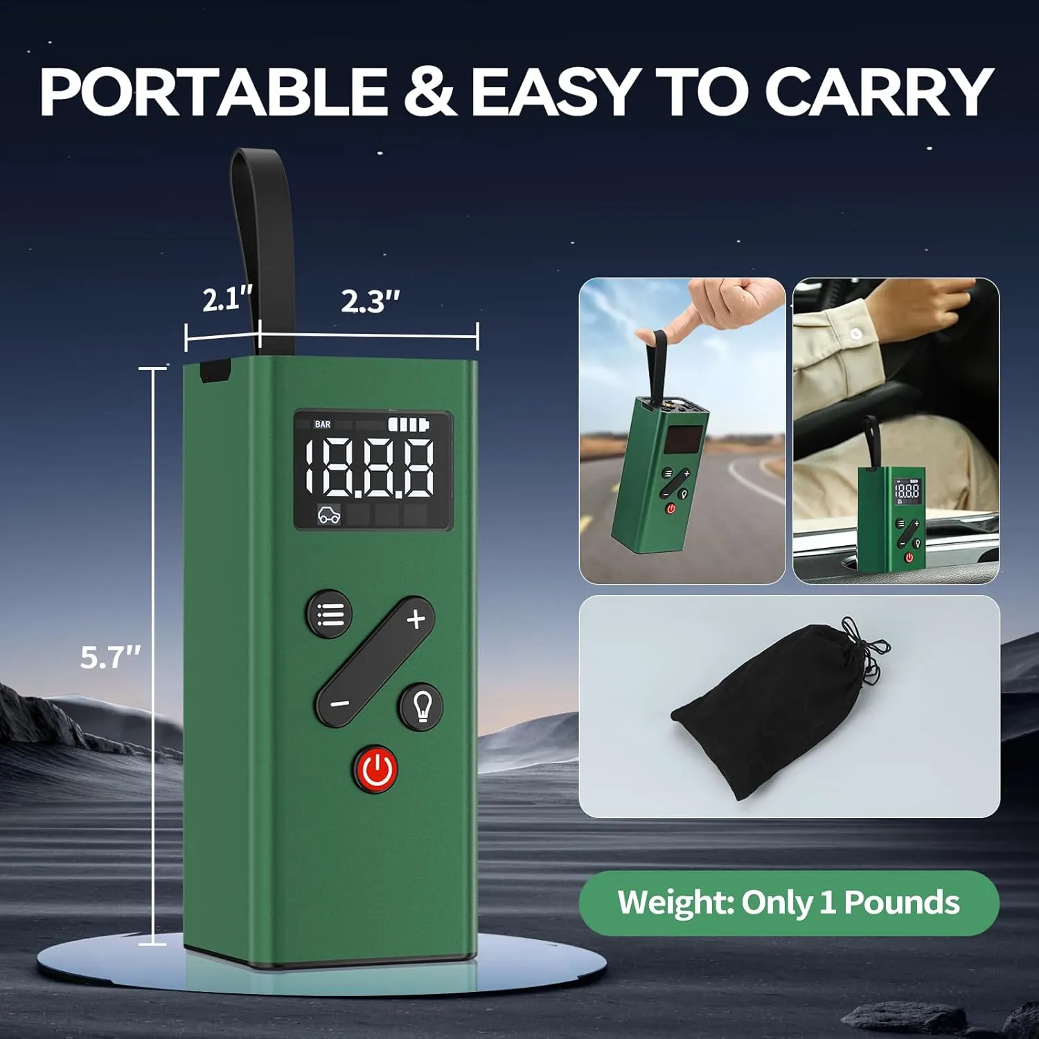 Bicycle Tire Inflator Portable Air Compressor, 150PSI Cordless Air Pump with Digital Pressure Gauge 12V Electric Mini Tire Pump for Car Tires Motorcycle Bike Balls(Green)