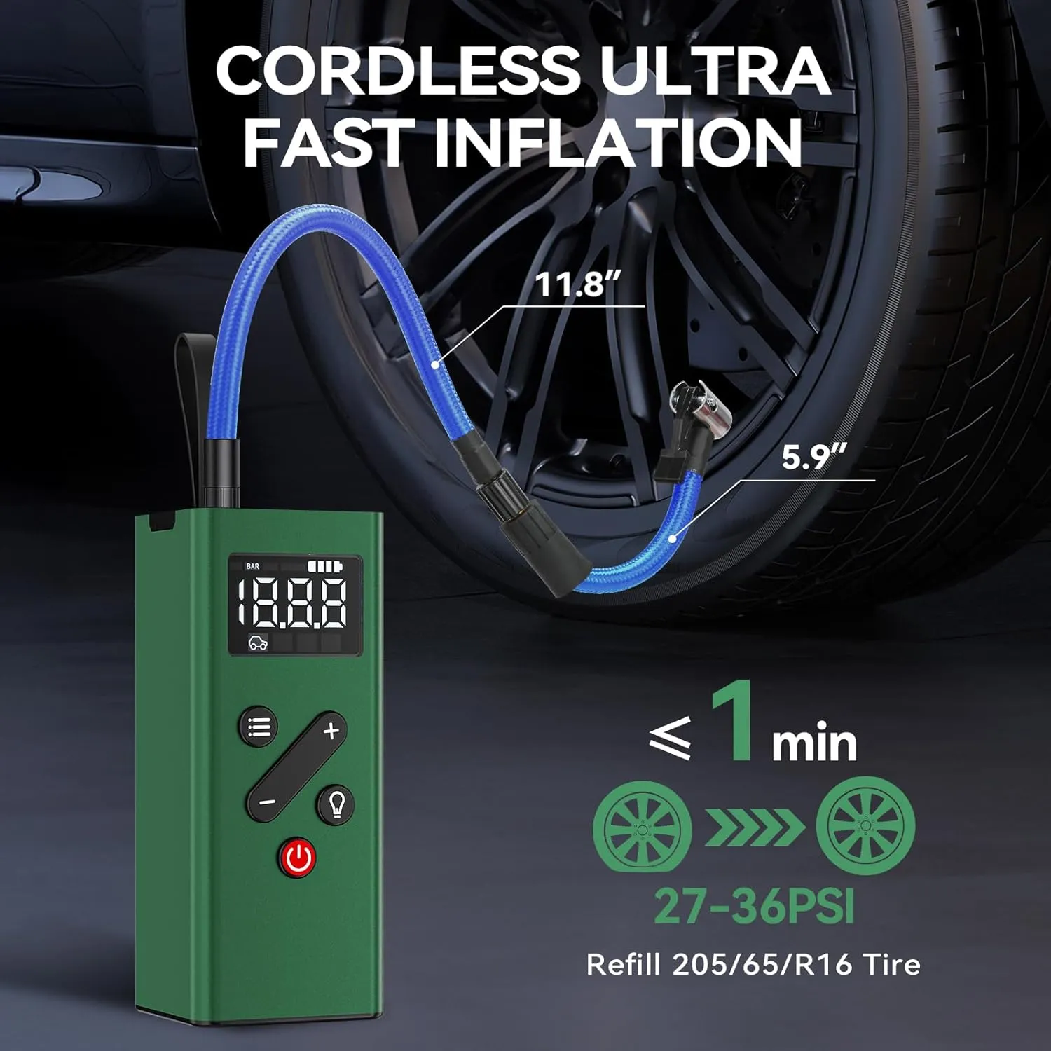 Bicycle Tire Inflator Portable Air Compressor, 150PSI Cordless Air Pump with Digital Pressure Gauge 12V Electric Mini Tire Pump for Car Tires Motorcycle Bike Balls(Green)