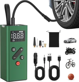 Bicycle Tire Inflator Portable Air Compressor, 150PSI Cordless Air Pump with Digital Pressure Gauge 12V Electric Mini Tire Pump for Car Tires Motorcycle Bike Balls(Green)