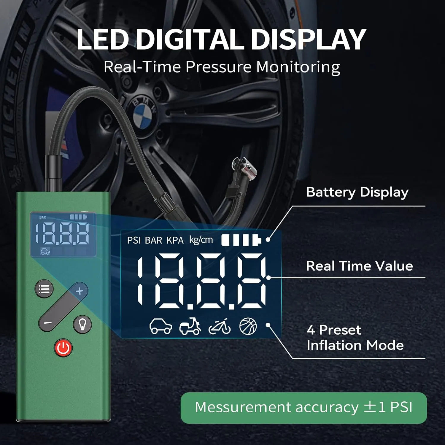 Bicycle Tire Inflator Portable Air Compressor, 150PSI Cordless Air Pump with Digital Pressure Gauge 12V Electric Mini Tire Pump for Car Tires Motorcycle Bike Balls(Green)