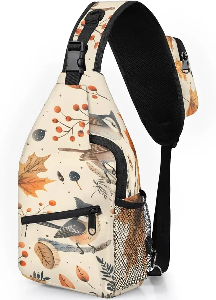 Bird Sling Bag for Women Men Fanny Pack Small Sling Backpack Maple Leaves Bird Crossbody Bag Chest Bag Casual Daypack for Work Travel Hiking