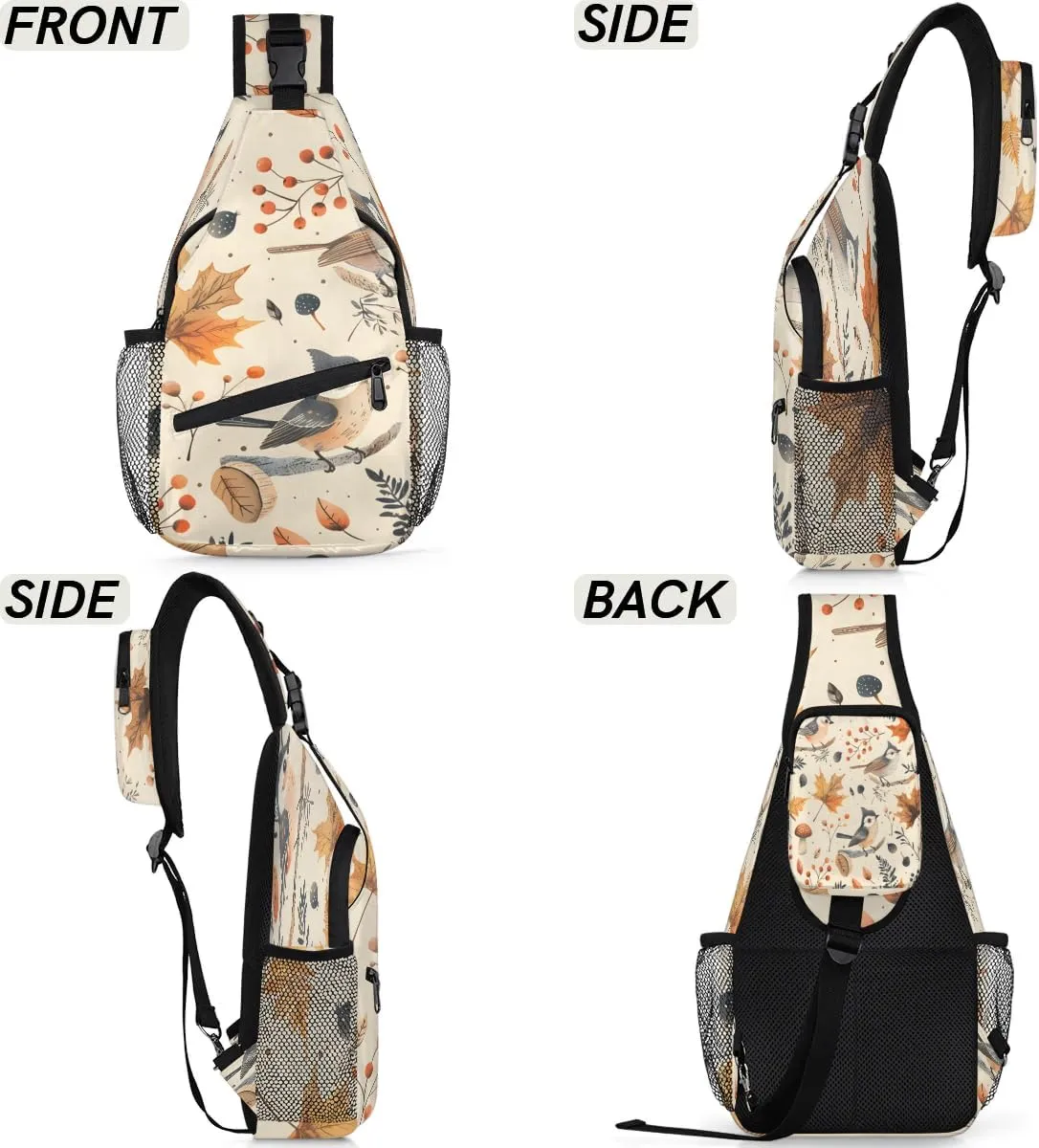 Bird Sling Bag for Women Men Fanny Pack Small Sling Backpack Maple Leaves Bird Crossbody Bag Chest Bag Casual Daypack for Work Travel Hiking