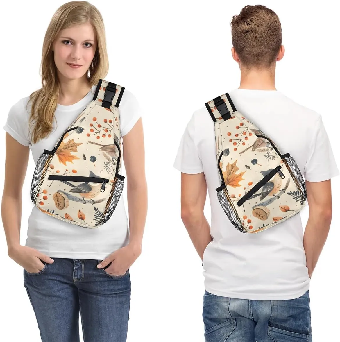 Bird Sling Bag for Women Men Fanny Pack Small Sling Backpack Maple Leaves Bird Crossbody Bag Chest Bag Casual Daypack for Work Travel Hiking