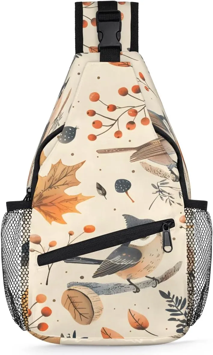 Bird Sling Bag for Women Men Fanny Pack Small Sling Backpack Maple Leaves Bird Crossbody Bag Chest Bag Casual Daypack for Work Travel Hiking