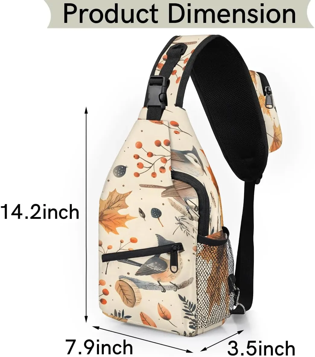 Bird Sling Bag for Women Men Fanny Pack Small Sling Backpack Maple Leaves Bird Crossbody Bag Chest Bag Casual Daypack for Work Travel Hiking