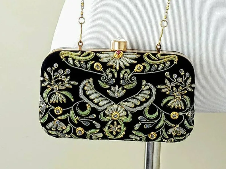 Black Gray Velvet Box Clutch with Chalcedony