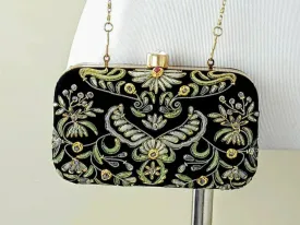 Black Gray Velvet Box Clutch with Chalcedony