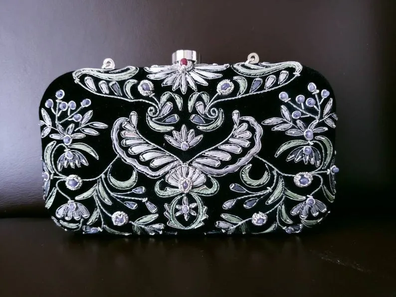 Black Gray Velvet Box Clutch with Chalcedony