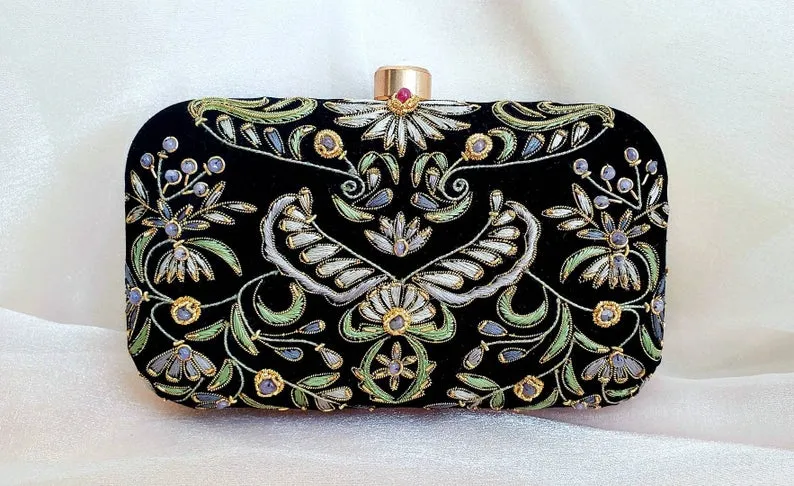 Black Gray Velvet Box Clutch with Chalcedony
