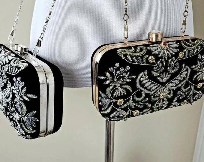 Black Gray Velvet Box Clutch with Chalcedony