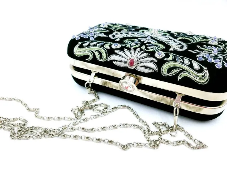 Black Gray Velvet Box Clutch with Chalcedony
