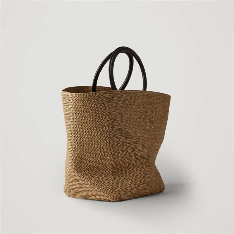 Boho Bag, Woven Grass Straw Absket Bag, Black Handle