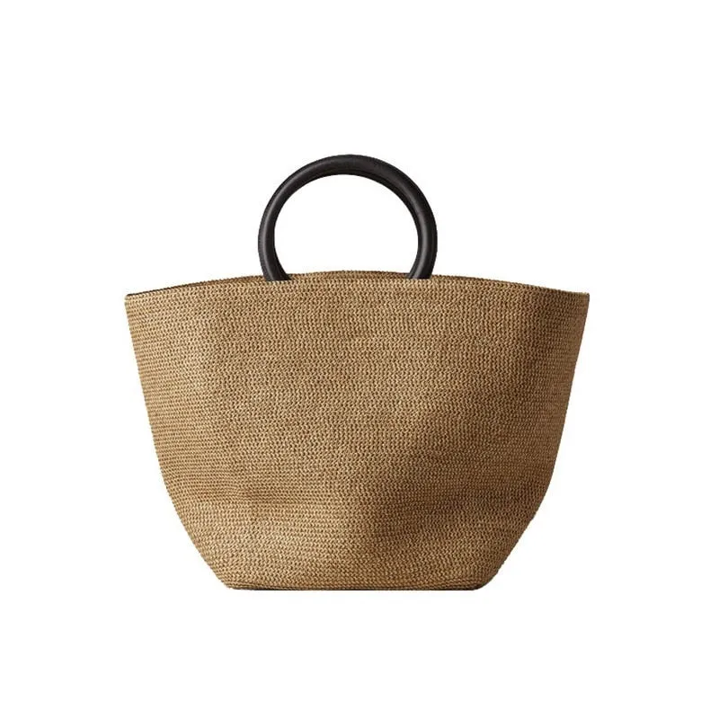 Boho Bag, Woven Grass Straw Absket Bag, Black Handle