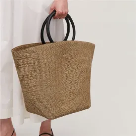 Boho Bag, Woven Grass Straw Absket Bag, Black Handle