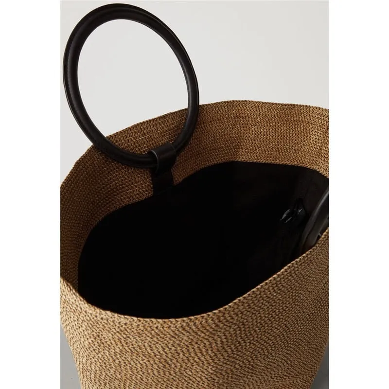Boho Bag, Woven Grass Straw Absket Bag, Black Handle