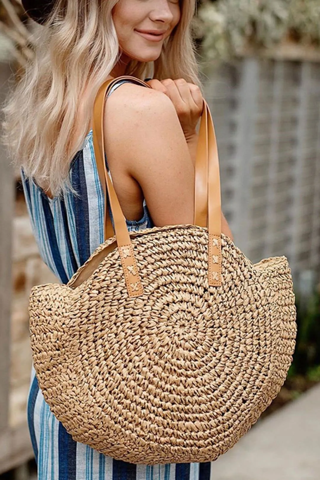 Boho Bag, Woven  Straw Rope Tote Bag, Brown and Ivory Helen (2 sizes)