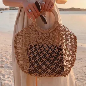 Boho Bag, Woven  Straw Rope Tote Bag, Brown and Ivory Lash