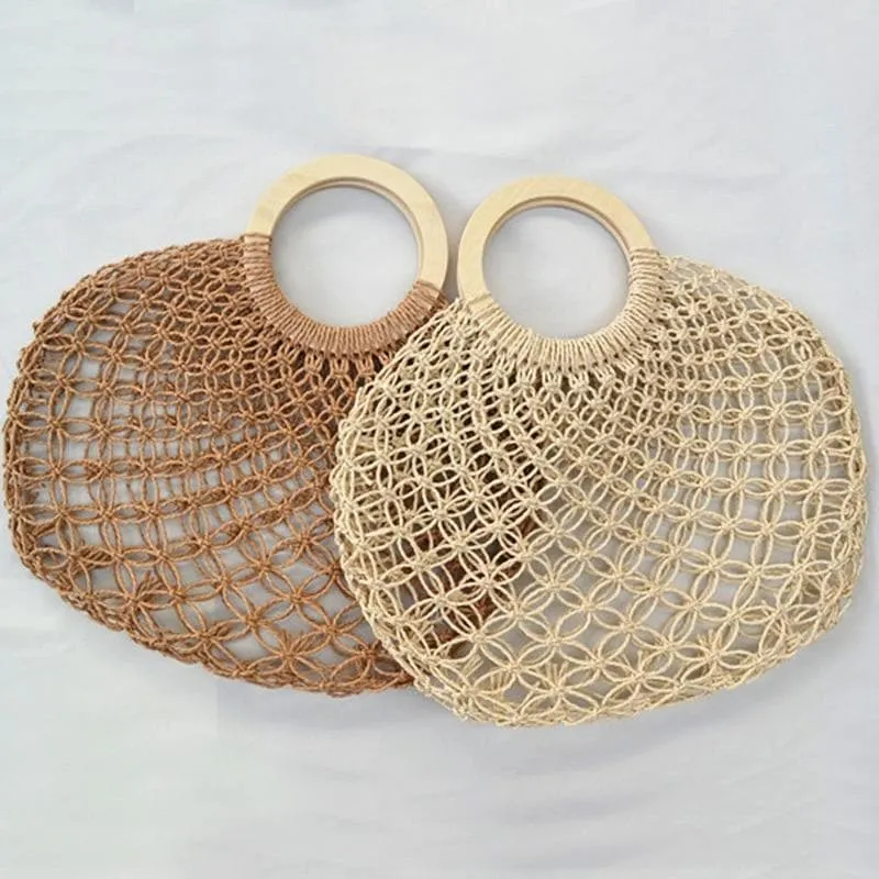 Boho Bag, Woven  Straw Rope Tote Bag, Brown and Ivory Lash