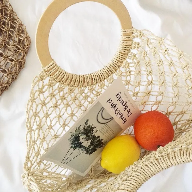 Boho Bag, Woven  Straw Rope Tote Bag, Brown and Ivory Lash