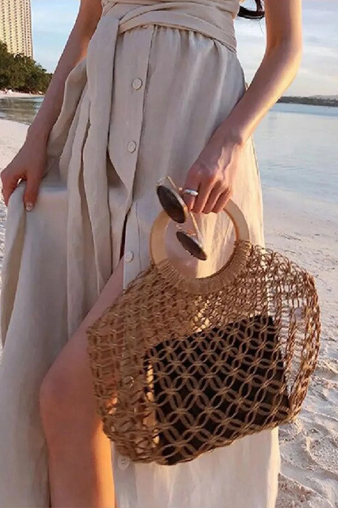Boho Bag, Woven  Straw Rope Tote Bag, Brown and Ivory Lash