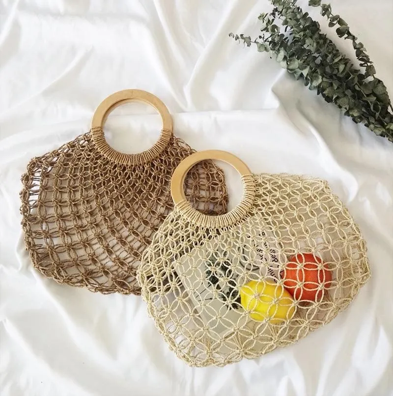 Boho Bag, Woven  Straw Rope Tote Bag, Brown and Ivory Lash