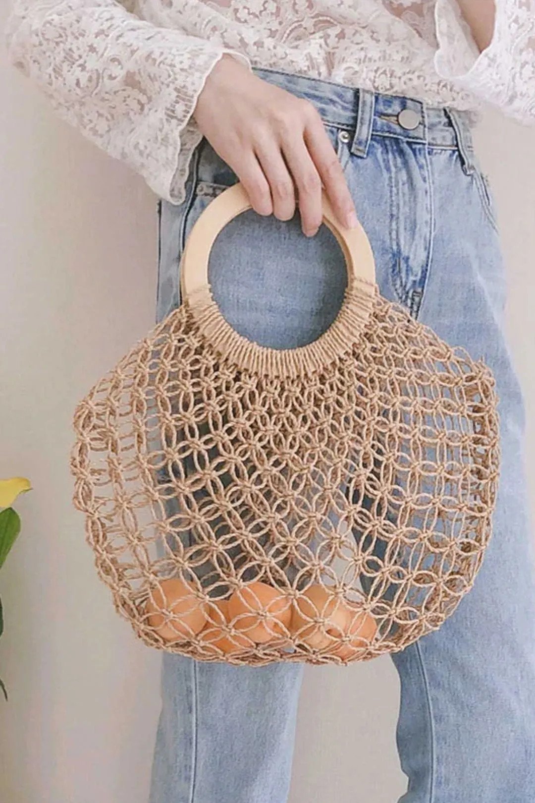 Boho Bag, Woven  Straw Rope Tote Bag, Brown and Ivory Lash