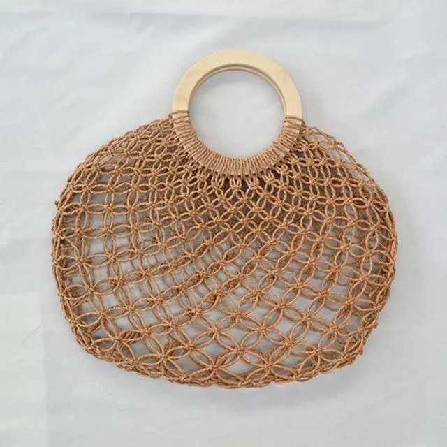 Boho Bag, Woven  Straw Rope Tote Bag, Brown and Ivory Lash