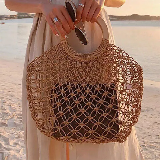 Boho Bag, Woven  Straw Rope Tote Bag, Brown and Ivory Lash