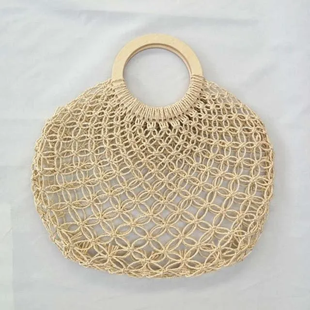 Boho Bag, Woven  Straw Rope Tote Bag, Brown and Ivory Lash