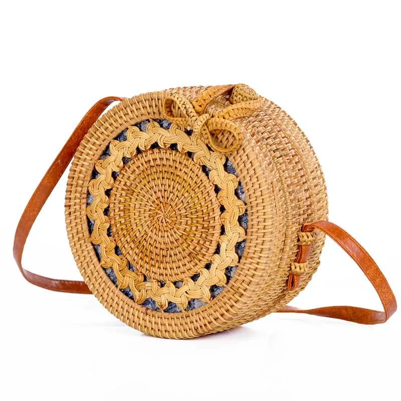 Boho Handmade Round Woven Handbag Bali Rattan Crossbody Beach Bag