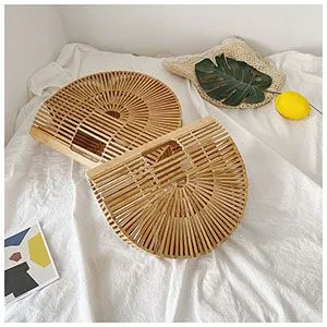 Boho Handmade Round Woven Handbag Bali Rattan Crossbody Beach Bag