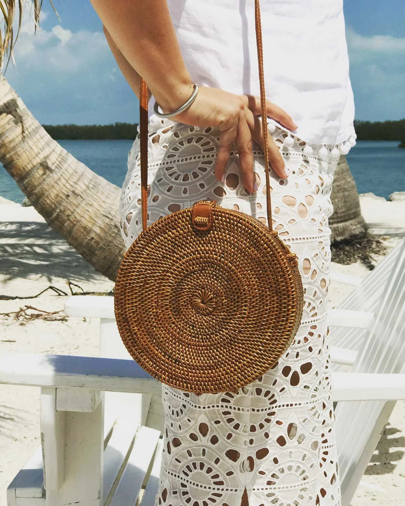 Boho Handmade Round Woven Handbag Bali Rattan Crossbody Beach Bag