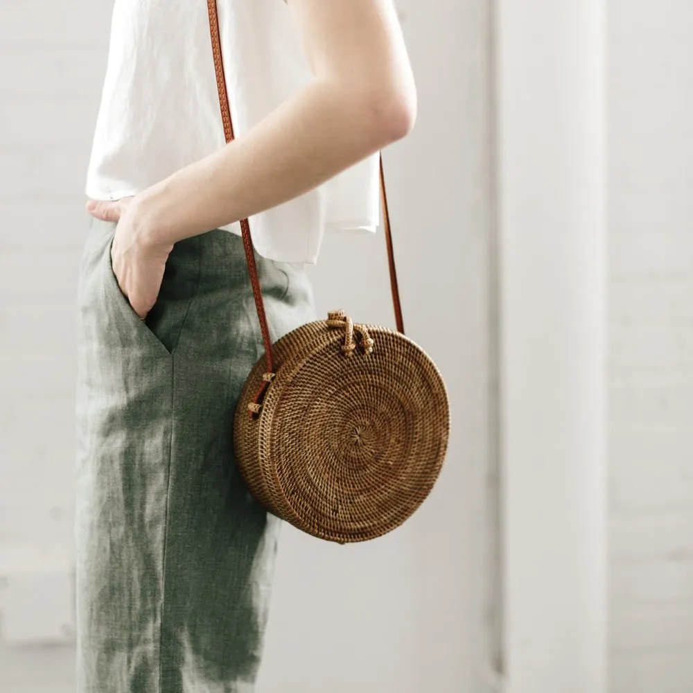 Boho Handmade Round Woven Handbag Bali Rattan Crossbody Beach Bag
