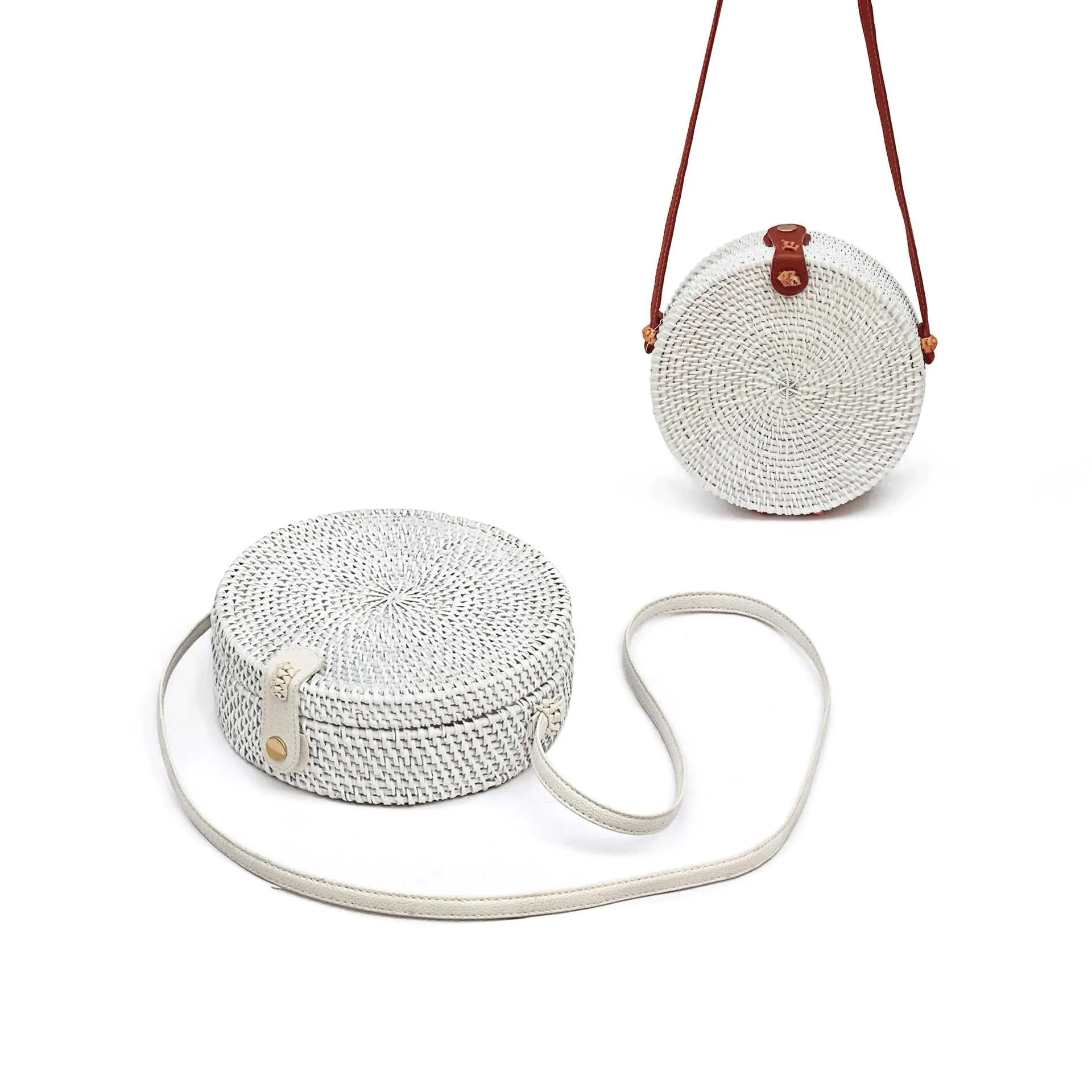 Boho Handmade Round Woven Handbag Bali Rattan Crossbody Beach Bag