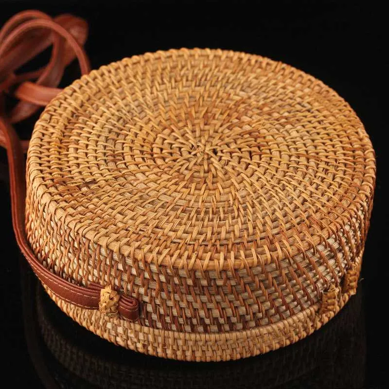 Boho Handmade Round Woven Handbag Bali Rattan Crossbody Beach Bag