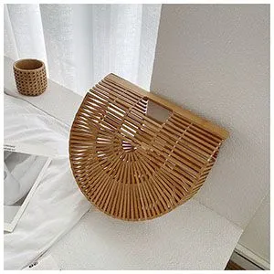 Boho Handmade Round Woven Handbag Bali Rattan Crossbody Beach Bag