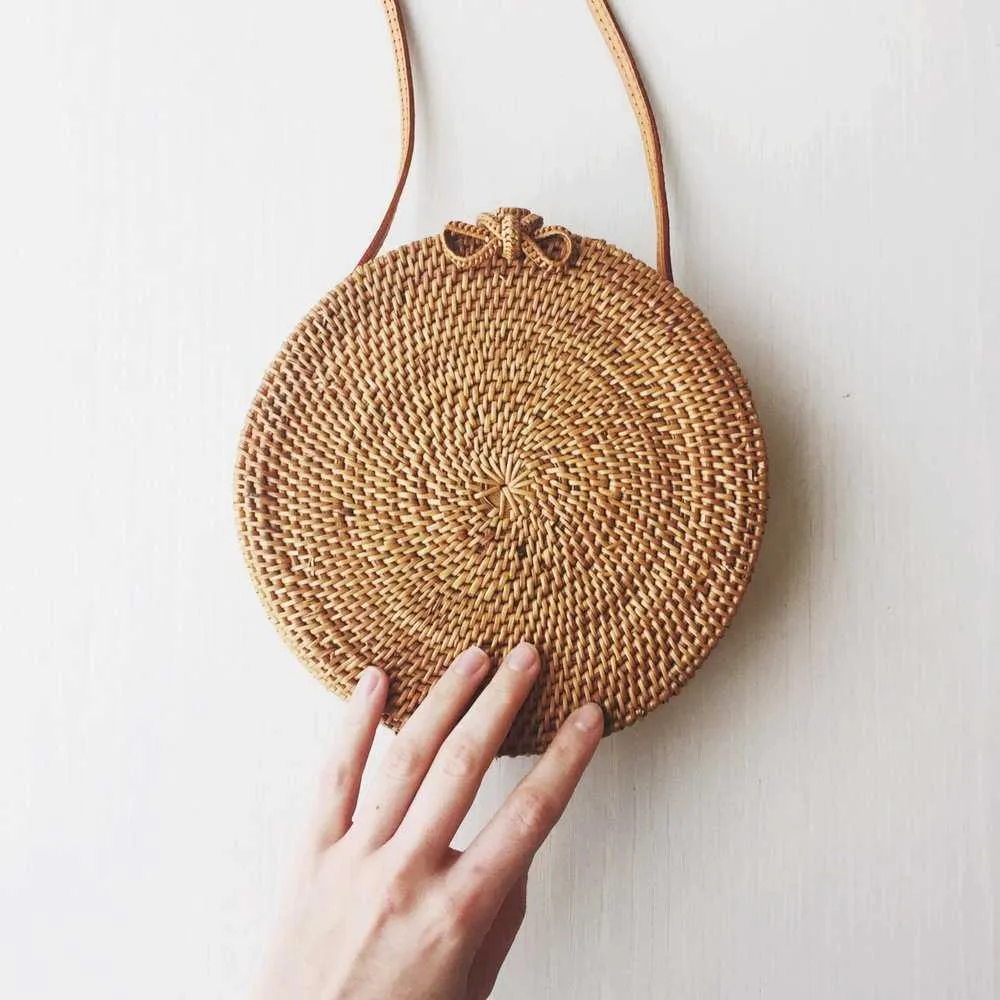 Boho Handmade Round Woven Handbag Bali Rattan Crossbody Beach Bag