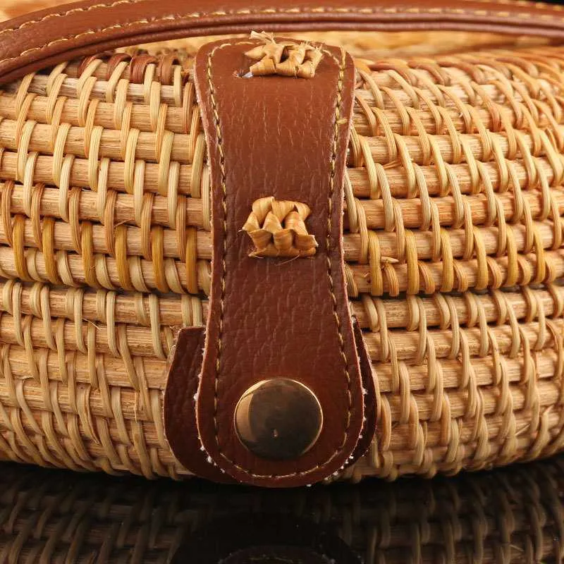 Boho Handmade Round Woven Handbag Bali Rattan Crossbody Beach Bag