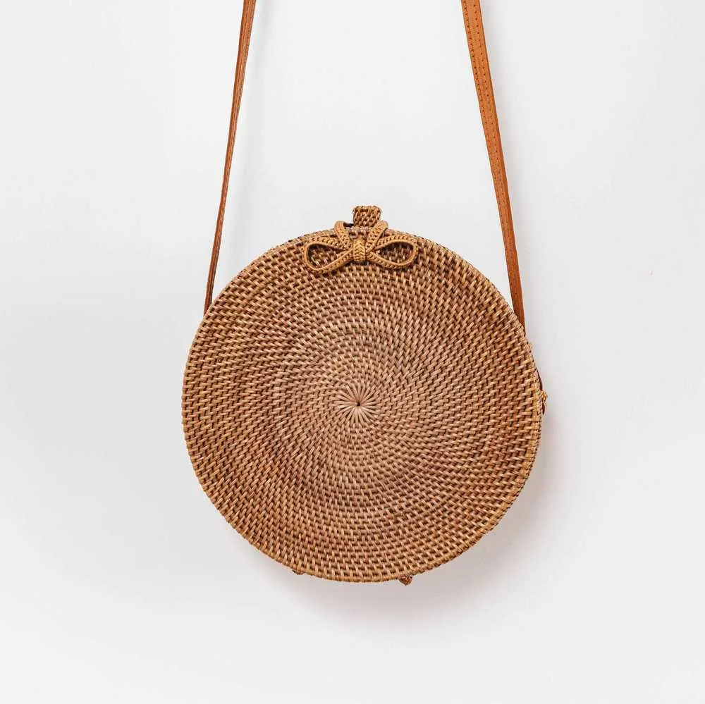 Boho Handmade Round Woven Handbag Bali Rattan Crossbody Beach Bag